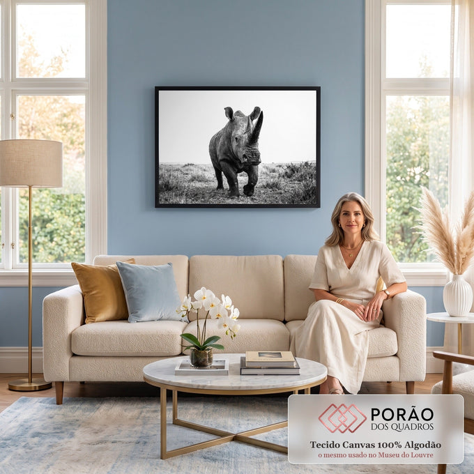 Rinoceronte caminhando de frente na savana em fotografia preto e branco, quadro decorativo