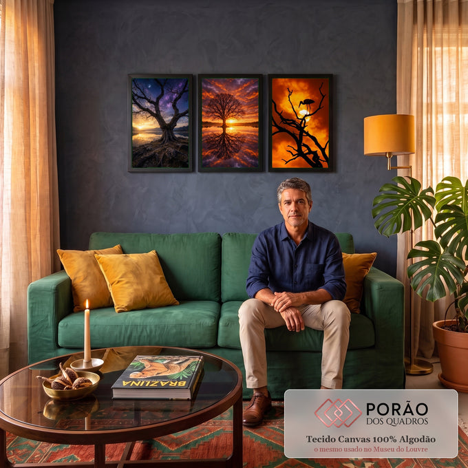 Quadro Decorativo Kit 3 Telas Árvores e Pôr do Sol para Sala | quadros decorativos para sala de estar | três painéis com árvores em silhueta sob céu noturno estrelado e pôr do sol laranja | em ambiente 3 | Porao dos Quadros