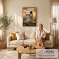 Quadro Decorativo Grande Jesus Orando Dourado para Sala | quadros decorativos para sala de estar | Jesus ajoelhado em oração sobre rocha com céu dourado ao fundo | em ambiente 3 | Porao dos Quadros