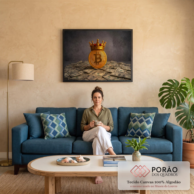 Moeda de Bitcoin dourada com coroa de rei sobre notas de dólar em fundo cinza escuro, quadro decorativo