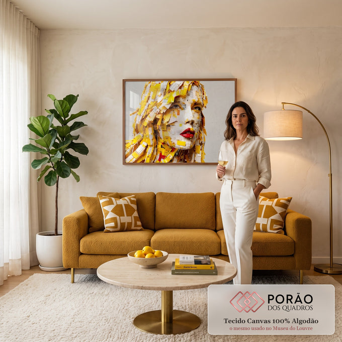 Rosto de mulher formado por blocos amarelos e brancos com lábios vermelhos, quadro decorativo
