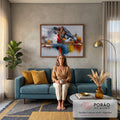 Quadro Decorativo Montanha Abstrata com Reflexo Colorido | quadros decorativos para sala de estar | montanha abstrata em cinza e marrom com respingo vermelho e reflexo colorido no lago | em ambiente 3 | Porao dos Quadros