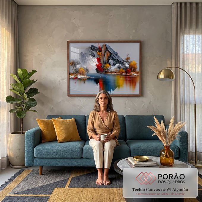 Quadro Decorativo Montanha Abstrata com Reflexo Colorido | quadros decorativos para sala de estar | montanha abstrata em cinza e marrom com respingo vermelho e reflexo colorido no lago | em ambiente 3 | Porao dos Quadros