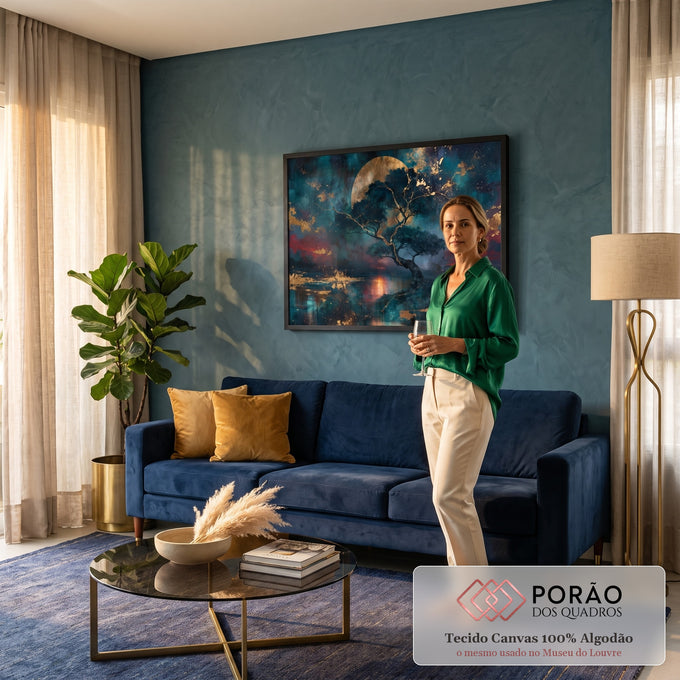 Quadro Decorativo Grande Árvore Dourada para Sala Azul | quadros decorativos para sala de estar | árvore de galhos dourados sob lua cheia dourada em céu azul com nuvens vermelhas | em ambiente 3 | Porao dos Quadros