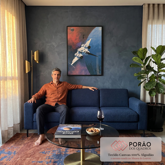 Quadro Decorativo Nave Espacial Branca sobre Planeta Azul | quadros decorativos para sala de estar | nave espacial branca sobrevoando planeta azul sob céu vermelho e laranja | em ambiente 3 | Porao dos Quadros