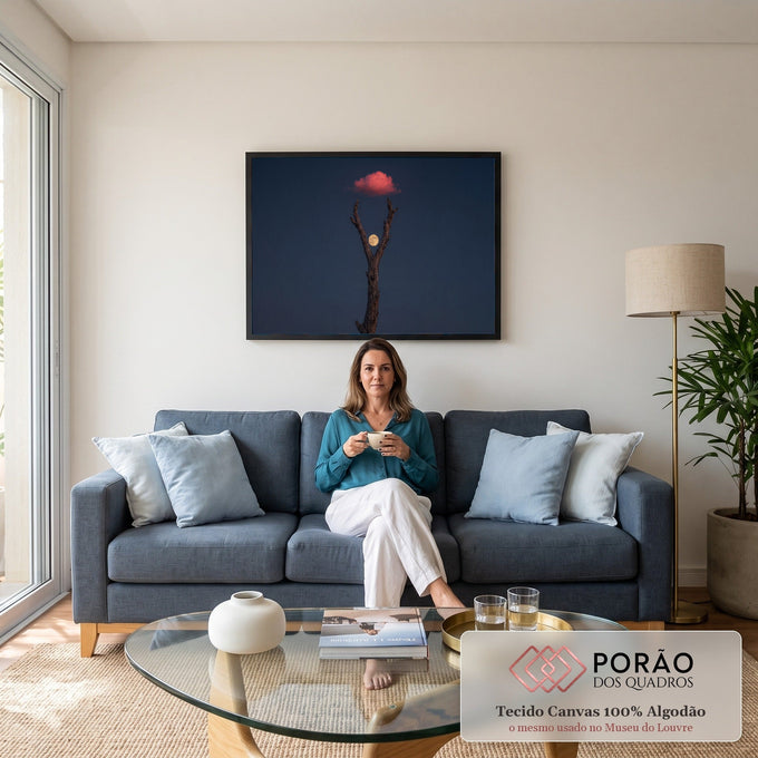 Quadro Decorativo Grande Lua Cheia Galhos para Sala Azul | quadros decorativos para sala de estar | lua cheia entre galhos secos de árvore com nuvem rosa ao fundo noturno | em ambiente 3 | Porao dos Quadros