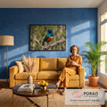 Estorninho-soberbo azul e laranja pousado em galho seco com fundo verde desfocado, quadro decorativo
