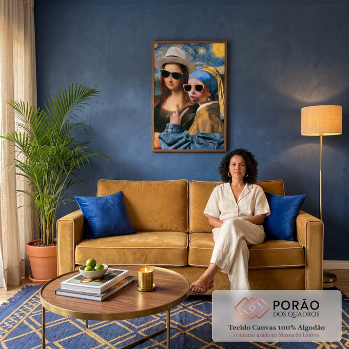 Mona Lisa e Moça do Brinco de Pérola de óculos escuros fazendo selfie na Noite Estrelada, quadro decorativo