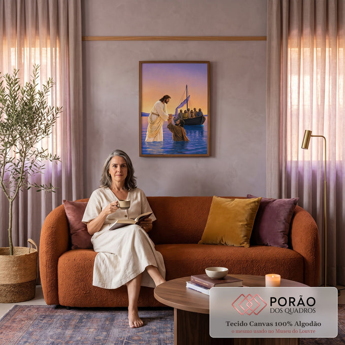 Quadro Decorativo Grande Jesus Caminhando para Sala Roxo | quadros decorativos para sala de estar | Jesus caminha sobre a água e segura a mão de um apóstolo, barco com discípulos ao fundo | em ambiente 3 | Porao dos Quadros