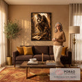 Quadro Decorativo Grande Escultura de Livros para Sala | quadros decorativos para sala de estar | figura pensativa feita de livros empilhados sob luz dourada de vitral em biblioteca | em ambiente 3 | Porao dos Quadros