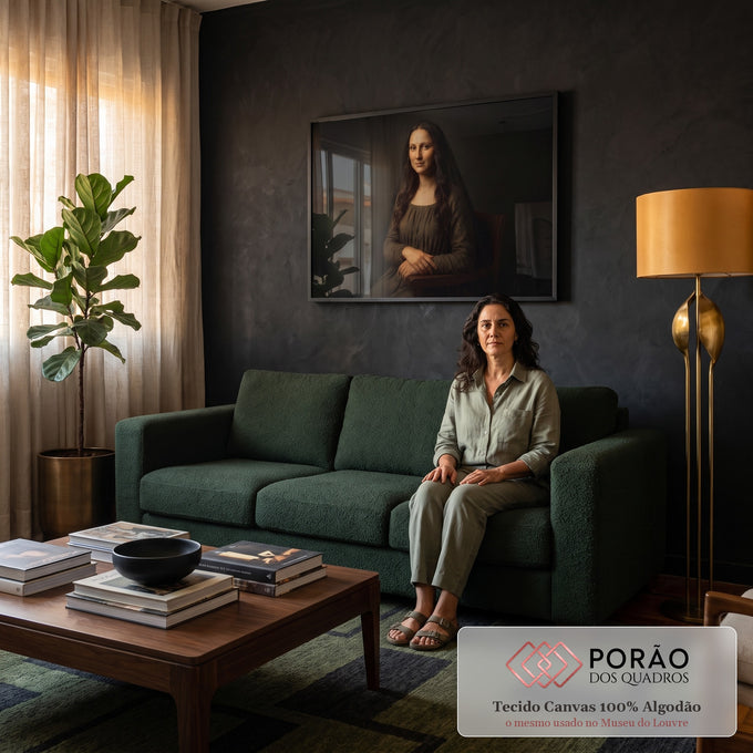 Quadro Decorativo Grande Retrato Feminino para Sala Verde | quadros decorativos para sala de estar | mulher de véu preto e vestido verde em pose inspirada na Mona Lisa | em ambiente 3 | Porao dos Quadros