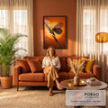 Quadro Decorativo Grande Borboleta ao Pôr do Sol para Sala | quadros decorativos para sala de estar | borboleta em contraluz com asas transparentes sobre sol laranja intenso | em ambiente 3 | Porao dos Quadros