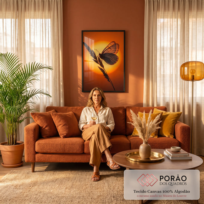 Quadro Decorativo Grande Borboleta ao Pôr do Sol para Sala | quadros decorativos para sala de estar | borboleta em contraluz com asas transparentes sobre sol laranja intenso | em ambiente 3 | Porao dos Quadros