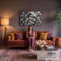 Quadro Decorativo Grande Mosaico de Cubos para Sala Azul | quadros decorativos para sala de estar | mosaico de cubos 3D em azul-marinho, bege e branco com textura de madeira | em ambiente 3 | Porao dos Quadros