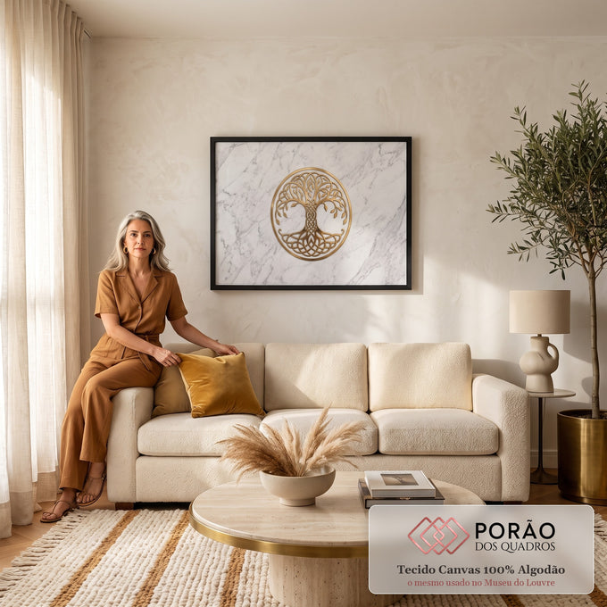 Quadro Decorativo Grande Árvore da Vida Nós Celtas para Sala | quadros decorativos para sala de estar | árvore da vida dourada com raízes em nós celtas sobre fundo de mármore branco | em ambiente 3 | Porao dos Quadros