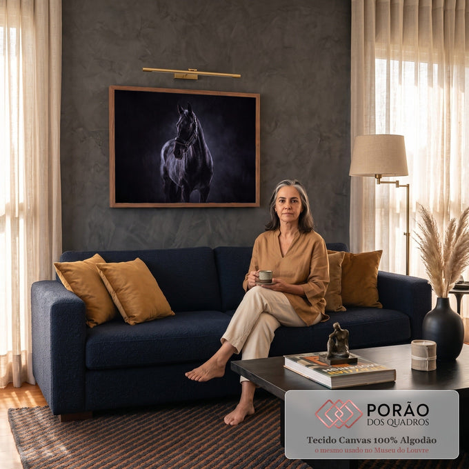 Cavalo negro com cabresto de corrente em retrato de estúdio sobre fundo escuro esfumaçado, quadro decorativo