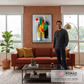 Quadro Decorativo Grande Rosto Cubista para Sala Verde | quadros decorativos para sala de estar | rosto cubista de perfil em verde, vermelho e amarelo com formas geométricas coloridas | em ambiente 3 | Porao dos Quadros