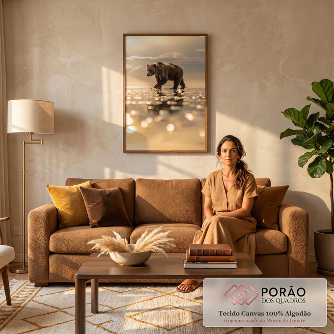 Quadro Decorativo Grande Urso Pardo para Sala Dourado | quadros decorativos para sala de estar | urso pardo caminhando em praia molhada com reflexo dourado do pôr do sol | em ambiente 3 | Porao dos Quadros