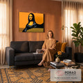 Mona Lisa em ilustração vetorial preta sobre fundo laranja com listras horizontais, quadro decorativo