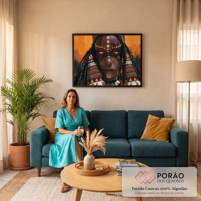 Guerreira africana com pintura facial, tranças e adornos tribais sobre fundo laranja, quadro decorativo
