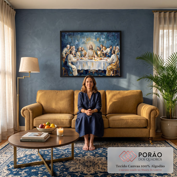 Santa Ceia com Jesus e apóstolos em pinceladas a óleo azuis e douradas, quadro decorativo