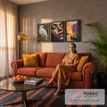 Quadro Decorativo Kit 3 Telas Águia Rosto para Sala Laranja | quadros decorativos para sala de estar | águia branca, rosto feminino abstrato colorido e canoa em cânion ao pôr do sol | em ambiente 3 | Porao dos Quadros