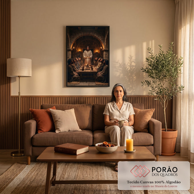 Quadro Decorativo Grande Última Ceia Marrom para Sala | quadros decorativos para sala de estar | Jesus partindo o pão diante de doze apóstolos em sala de pedra iluminada por velas | em ambiente 3 | Porao dos Quadros