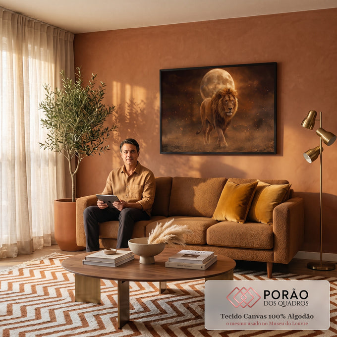 Quadro Decorativo Grande Leão Caminhando para Sala Laranja | quadros decorativos para sala de estar | leão caminhando com juba dourada diante de uma lua cheia em cena enevoada | em ambiente 3 | Porao dos Quadros