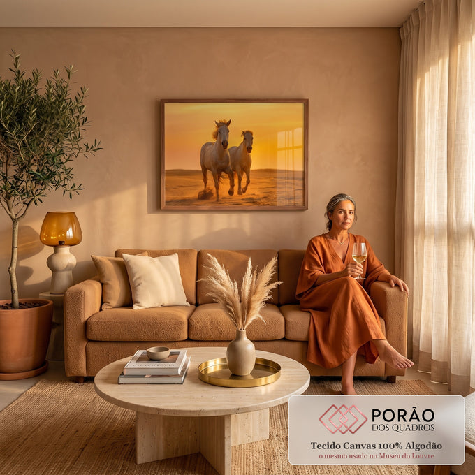 Quadro Decorativo Grande Cavalos Caminhando para Sala | quadros decorativos para sala de estar | dois cavalos cor de areia caminhando no deserto sob céu laranja de pôr do sol | em ambiente 3 | Porao dos Quadros