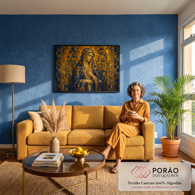Nossa Senhora de manto azul e auréola em mosaico geométrico dourado, mãos no peito, quadro decorativo