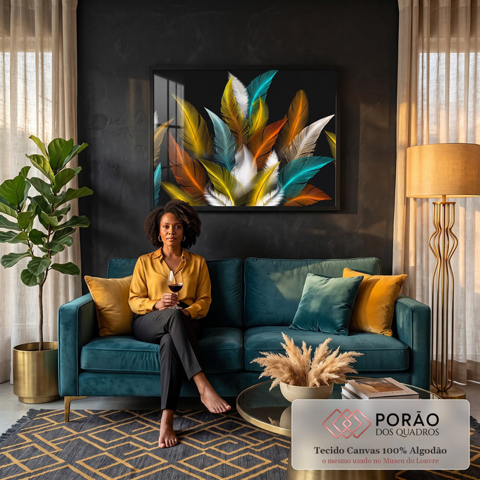 Quadro Decorativo Grande Buquê de Penas para Sala Preto | quadros decorativos para sala de estar | penas estilizadas em dourado turquesa laranja e branco sobre fundo preto | em ambiente 3 | Porao dos Quadros