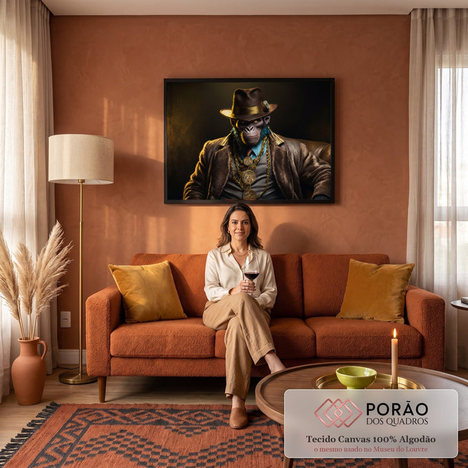 Quadro Decorativo Grande Macaco de Terno para Sala Marrom | quadros decorativos para sala de estar | macaco de terno e chapéu com correntes de ouro e moedas de Bitcoin | em ambiente 3 | Porao dos Quadros