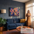 Nossa Senhora de olhos fechados, manto azul e auréola dourada em espirais rosa e ouro, quadro decorativo