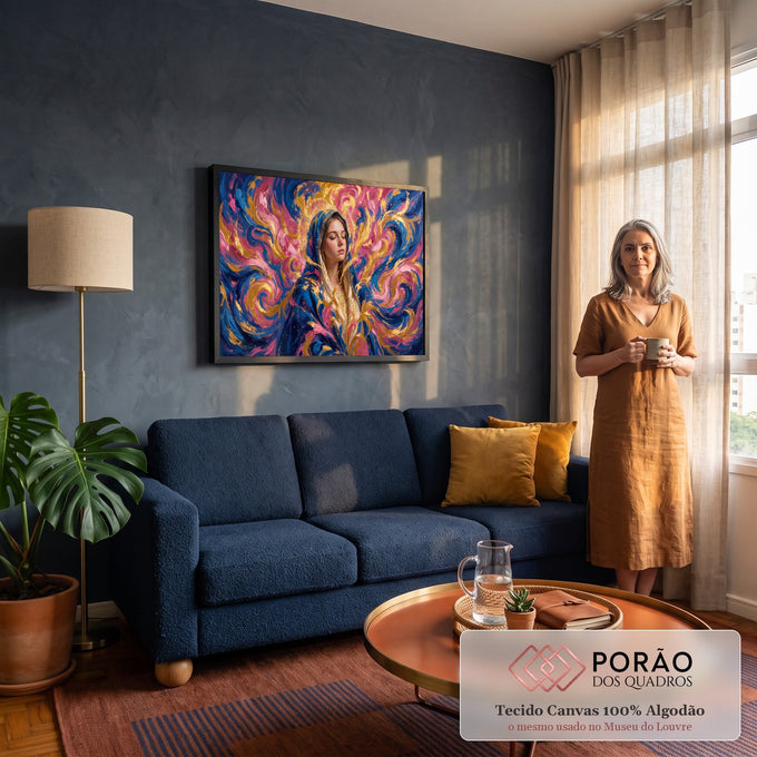Nossa Senhora de olhos fechados, manto azul e auréola dourada em espirais rosa e ouro, quadro decorativo