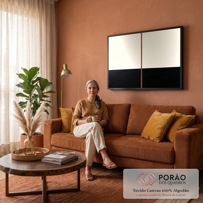 Pintura abstrata minimalista com campo bege, faixa preta e linha vertical cobre, quadro decorativo