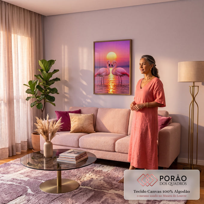 Quadro Decorativo Flamingos Formando Coração ao Pôr do Sol | quadros decorativos para sala de estar | dois flamingos rosa formando coração com pescoços curvados ao pôr do sol roxo | em ambiente 3 | Porao dos Quadros