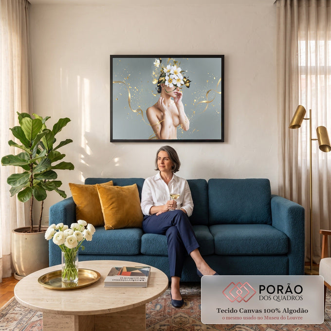 Mulher com flores brancas cobrindo o rosto, fitas e flocos dourados sobre fundo cinza, quadro decorativo