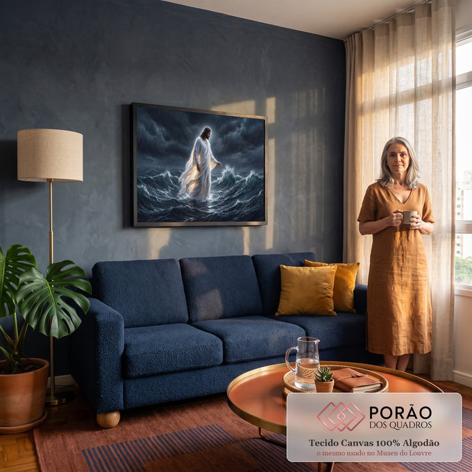 Quadro Decorativo Grande Jesus Caminhando Água para Sala | quadros decorativos para sala de estar | Jesus de manto branco caminhando sobre mar agitado durante tempestade com chuva | em ambiente 3 | Porao dos Quadros