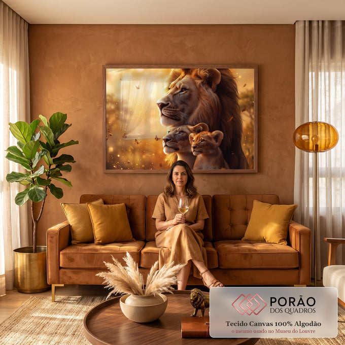 Quadro Decorativo Grande Família Leões Dourada para Sala | quadros decorativos para sala de estar | leão, leoa e filhote em perfil com borboletas e luz dourada ao fundo | em ambiente 3 | Porao dos Quadros