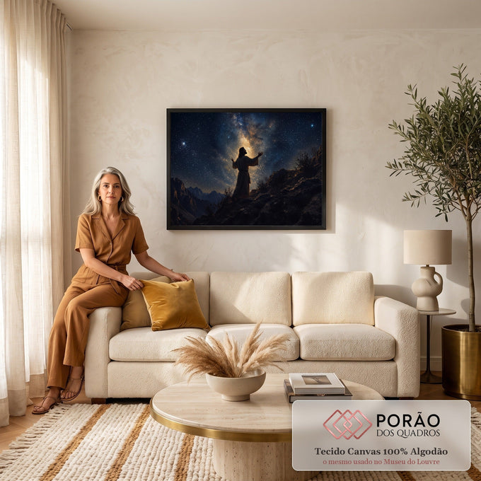 Jesus de braços erguidos orando no alto da montanha sob a Via Láctea e o céu estrelado, quadro decorativo
