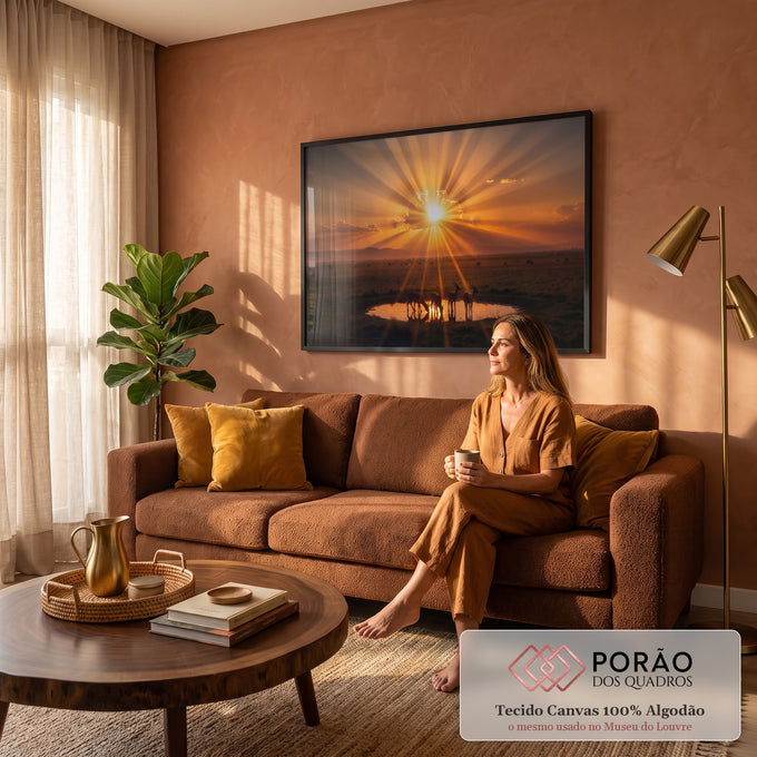 Quadro Decorativo Grande Antílopes ao Pôr do Sol para Sala | quadros decorativos para sala de estar | antílopes bebendo água em lagoa sob raios de sol laranja na savana | em ambiente 3 | Porao dos Quadros