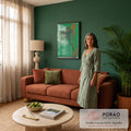 Árvore de tronco retorcido com copa se desfazendo em fumaça verde diante de parede verde, quadro decorativo