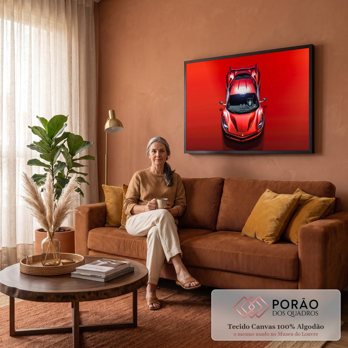 Quadro Decorativo Grande Carro Vermelho para Sala Vermelho | quadros decorativos para sala de estar | carro esportivo vermelho visto de cima com capô aberto e aerofólio grande | em ambiente 3 | Porao dos Quadros