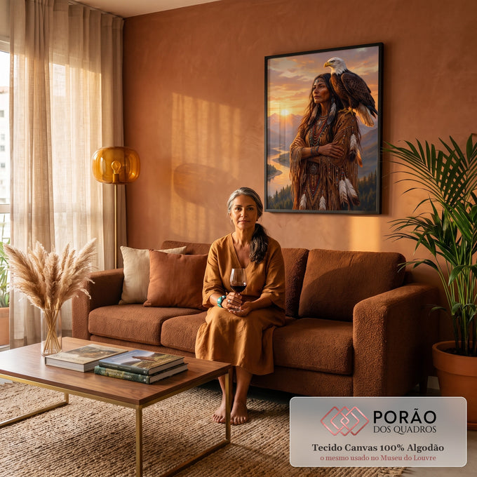 Quadro Decorativo Grande Mulher Indígena para Sala Laranja | quadros decorativos para sala de estar | mulher indígena com águia no ombro diante de pôr do sol e montanhas | em ambiente 3 | Porao dos Quadros