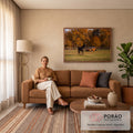 Cavalo preto no pasto com Porsche laranja e árvores de outono ao fundo, quadro decorativo