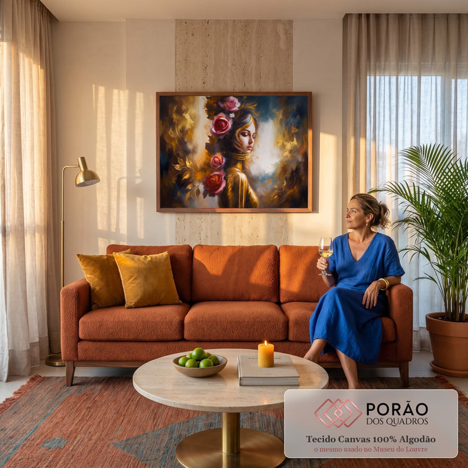 Mulher de olhos fechados com rosas no cabelo e roupa dourada em fundo pintado, quadro decorativo