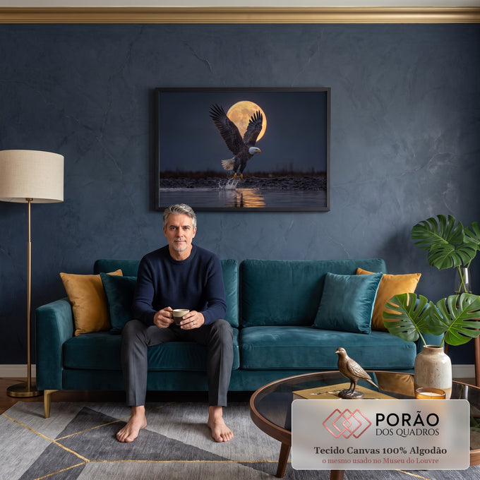Quadro Decorativo Grande Águia Voando a Água para Sala Azul | quadros decorativos para sala de estar | águia de cabeça branca voando sobre água com lua cheia dourada ao fundo | em ambiente 3 | Porao dos Quadros