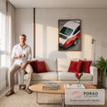 Quadro Decorativo Grande Carro Esportivo Branco para Sala | quadros decorativos para sala de estar | vista aérea da traseira de carro esportivo clássico branco e vermelho | em ambiente 3 | Porao dos Quadros