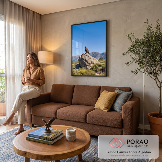 Quadro Decorativo Águia Dourada em Rocha com Montanhas | quadros decorativos para sala de estar | águia dourada pousada em rocha com montanhas e céu azul ao fundo | em ambiente 3 | Porao dos Quadros