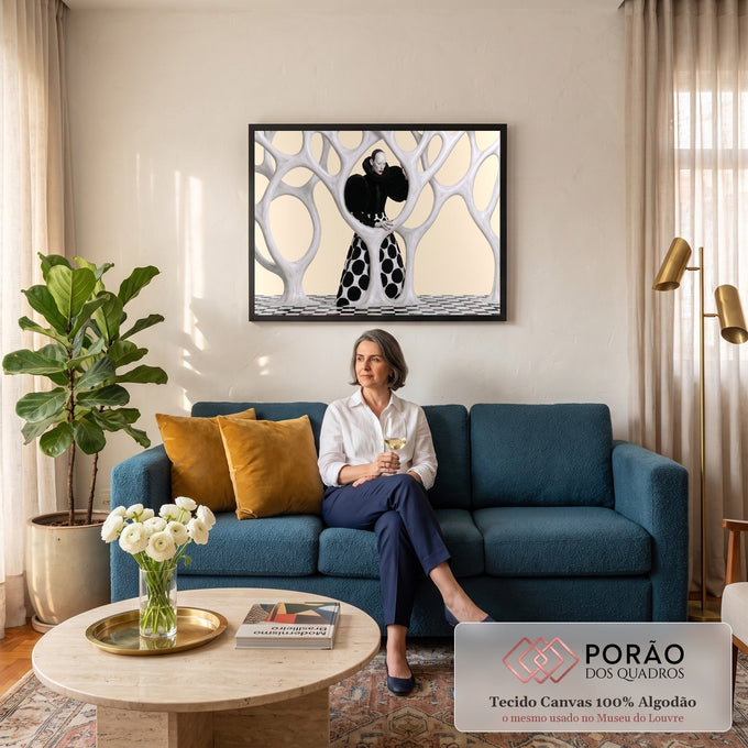 Mulher com gola rufo e saia de bolinhas entre galhos brancos, fundo bege e piso xadrez, quadro decorativo